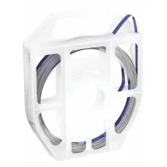 Blue stainless steel strapping with 50 ft length and 1,000 lb break strength. Suitable for industrial fastening, bundling, and securing applications such as pipe supports, cable trays, and ductwork.