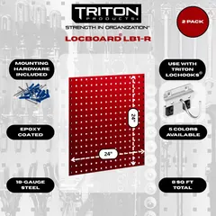 Steel pegboard panel with black epoxy coating. Square peg holes of 3/8 in size. Dimensions 24 in x 24 in x 9/16 in. Includes mounting hardware. Used for organizing tools and equipment in workshops, garages, and industrial storage areas.