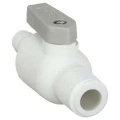 Manual two-way ball valve with a polypropylene body, straight configuration, and 3/8 in barb x MNPT connections. One-piece design with lever handle. Used for on/off flow control in piping systems handling compatible fluids.