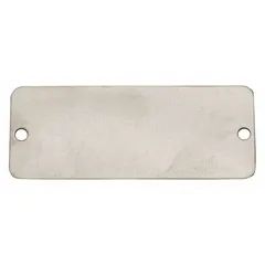 Silver aluminum blank valve tags for custom identification in industrial piping systems. Rectangular shape measuring 2 1/2 in x 5/8 in with 0.035 in thickness. Supplied as a 100-pack for marking valve numbers, system codes, or warnings via permanent marker, engraving, or embossing.