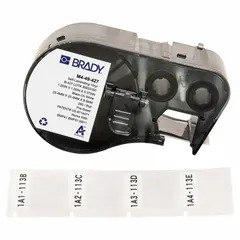 Vinyl wraparound label cartridge with white matte finish. Designed for wire gauges 16 AWG to 8 AWG. Compatible with M410 printer series and requires R4300 ribbon. Used for clear identification of wires in industrial settings.