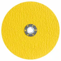Ceramic fiber disc for cool-cutting on stainless steel and nickel alloys. Features 36-grit RazorStar F990S abrasive, 7" diameter with TN Quick-Change arbor hole, Speed-Change Fastener connector size, and X-Lock connector type. Suitable for heavy stock removal and blending in metal fabrication