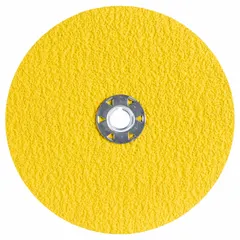 Ceramic fiber disc for cool-cutting on stainless steel and nickel alloys. Features 36-grit RazorStar F990S abrasive, 7" diameter with TN Quick-Change arbor hole, Speed-Change Fastener connector size, and X-Lock connector type. Suitable for heavy stock removal and blending in metal fabrication.