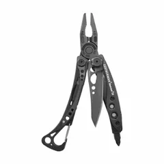 Pocket-size multi-tool with fold-out pliers and one-hand operable features. Includes 7 tools: pliers, 154CM knife, and screwdriver bits (Phillips #1 & #2, 1/4" & 3/16"). Stainless steel construction with black finish. Measures 4 inches closed, 6 inches open. Suitable for everyday carry, outdoor activities, and light repair tasks.