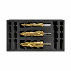 This 3-piece step drill bit set is made from TiN-coated high-speed steel with a 135° split point. Each bit drills stepped holes from 5/16" to 1-1/16" and is impact-rated for use with impact drivers. Suitable for drilling in sheet metal, plastic, and wood.
