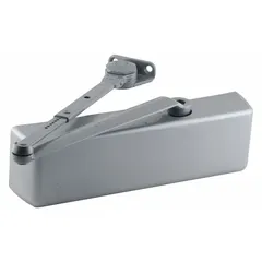 This Grade 1 heavy-duty door closer features an aluminum body with a parallel arm mount for interior or exterior use. It includes an adjustable spring size 6 and a regular arm, and is ADA compliant. Typical applications include controlling door closing on high-traffic commercial or industrial doors.