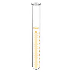 Colorless glass test tube with 16 mm body diameter and 125 mm overall height. Round bottom, graduated for approximate volume measurement. No closure included. Suitable for general laboratory mixing, heating, and qualitative analysis.