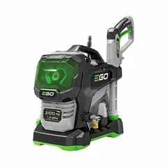 Carry-style cold water pressure washer powered by the EGO POWER+ 56V battery platform. Delivers 2,100 psi at 1.2 gpm flow rate for light-duty cleaning tasks such as washing patios, decks, vehicles, and garden equipment. Sold as tool only (battery and charger not included).