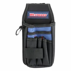 Polyester tool pouch in black with six pockets for organized storage. Features an open-top closure for quick access and a clip attachment for securing to a work belt. Suitable for carrying hand tools, screwdrivers, and pliers in construction, maintenance, and industrial settings.