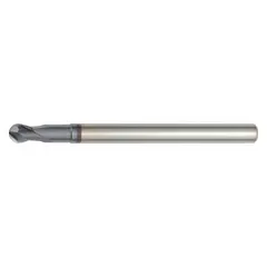 This reduced-neck carbide ball end mill is designed for precision contouring, slotting, and profiling in hardened materials. It features a TiAlN coating for heat resistance and rigidity, with 2 flutes, a 4 mm mill diameter, 4 mm length of cut, and 76 mm overall length.