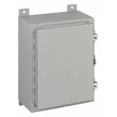 WIEGMANN steel dust-tight enclosure, model N12362408, measures 36 x 24 x 8 inches. Rated NEMA 12/13, it protects electrical controls and components from dust, dirt, and non-corrosive liquids. Features a solid hinged cover secured by clamps; knockouts are not included. Suitable for industrial environments requiring dust-tight and indoor protection.