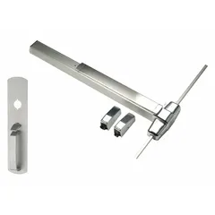This surface vertical rod push bar is constructed of aluminum and features a touchbar with thumbpiece pull. It is designed for doors up to 3 ft wide and provides vertical rod latching for emergency egress in commercial and institutional settings.