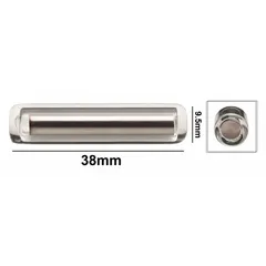 Cylindrical stir bar made of Alnico with a clear finish. Measures 38 mm in length and 9.5 mm in diameter. Autoclavable for repeated sterilization. Used with magnetic stirrers for mixing liquids in laboratory applications.