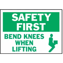Polyester adhesive signs with nominal size 3 1/2 in x 5 in and 0.01 in thickness. Each pack contains 5 signs. Not retroreflective, not glow-in-the-dark, and no anti-slip surface. Used in industrial environments to remind personnel to bend knees when lifting, reducing back injury risk.