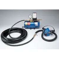 The ALLEGRO 9215-01 is a complete supplied-air respiratory system comprising a 1/4 hp pump, half-mask headgear, and 100 ft hose. It is designed to deliver breathable air in environments with inadequate oxygen or airborne contaminants, suitable for applications such as painting, chemical handling, and confined-space entry