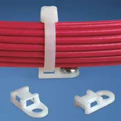 Natural screw mount cable tie base for securing wiring bundles. Measures 0.74 in L x 0.37 in W x 0.19 in H with a #10 screw mount hole. Slot height 0.07 in, slot width 0.2 in. Compatible with miniature, intermediate, and standard cable ties. Supplied in a 1,000-piece pack.
