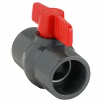 This PVC ball valve features a straight, socket x socket, full port design with a tee handle. It is used for on/off flow control in industrial piping systems handling water, chemicals, or air. The full-port construction minimizes pressure drop, making it suitable for applications requiring unrestricted flow