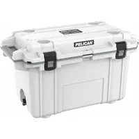 This heavy-duty chest cooler from PELICAN has a 70 qt capacity, holds 53 cans, and provides 10 day ice retention. It includes a drain plug and does not have wheels. Suitable for outdoor use such as camping, job sites, and marine environments