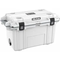 This heavy-duty chest cooler from PELICAN has a 70 qt capacity, holds 53 cans, and provides 10 day ice retention. It includes a drain plug and does not have wheels. Suitable for outdoor use such as camping, job sites, and marine environments.