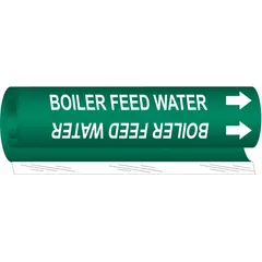 Green wrap-around pipe marker with white legend reading 'Boiler Feed Water' and directional arrows. Fits pipe outer diameters from 1-1/2 to 2-3/8 inches. Used to identify boiler feed water lines in industrial piping systems, aiding in safety and maintenance compliance.