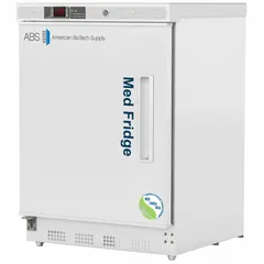 This undercounter pharmacy refrigerator provides 4.6 cu ft of storage capacity with a temperature range of 1°C to 10°C. It features a white swing solid door that opens left, a temperature alarm, and uses R-600a refrigerant. Suitable for storing vaccines, medications, and other temperature-sensitive items in clinical or pharmaceutical settings.