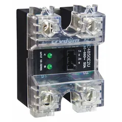 Panel-mounted dual solid state relay with SCR AC output, Form A configuration, and screw-clamp terminals. Rated for 24 to 280V AC output and 50 A maximum output current with 10 mA input current. Finger-safe design. Typically used for switching AC loads in industrial control panels, HVAC equipment, and process automation where silent, vibration-free operation is required.