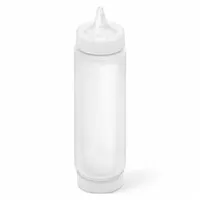 This clear squeeze bottle has a 24 oz capacity, 2 1/8 in opening diameter, and 11 3/16 in overall height. It is NSF Certified and dishwasher safe. Suitable for dispensing condiments, sauces, and oils in food service environments