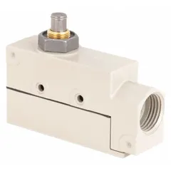 Top-mount plunger limit switch from the ZE series with a metallic body and plunger actuator. Momentary action with screw terminals for electrical connection. Requires a minimum operating force of 2.45 N. Used for position sensing in industrial automation, such as detecting mechanical part presence in machinery, conveyors, and packaging equipment.
