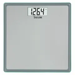 Digital bathroom scale with integrated indicator for personal weight measurement. Weighs in kilograms with a readability of 0.09 kg/0.2 lb. Includes batteries. Weighing surface measures 11 7/8 inches square. Not IP rated.