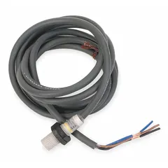 Shielded inductive cylindrical proximity sensor with a 2-wire configuration and non-terminated cable. Rated for DC supply voltage of 24-240V DC. Suitable for non-contact detection of metal objects in industrial automation, packaging, and material handling applications.