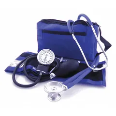 This adult blood pressure monitor kit includes a blue nylon cuff with a No Needle Stop Gauge and a dual-head Sprague Rappaport stethoscope featuring a large diaphragm chest piece. Designed for arm-based blood pressure measurement, the reusable set is suitable for clinical or home use.