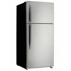 Top-freezer refrigerator with 18.1 cu ft total capacity (over 16.9 cu ft fresh food). Features 3 shelves, automatic defrost, swing solid door, and silver stainless steel finish. Operates on 115V with a 3-prong plug. Suitable for apartment kitchens, small offices, or secondary storage.