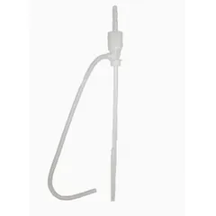 This hand siphon sanitary drum pump features a polyethylene housing and suction tube, delivering a maximum flow rate of 5 oz per stroke. It operates as a piston pump and includes a discharge hose and spout. Suitable for transferring non-corrosive liquids from drums or containers in applications requiring sanitation.