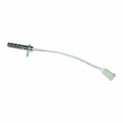 Universal hot surface igniter for gas-fired heating appliances. Silicon nitride construction with flat round tip. 120V AC input voltage, 7 1/2 in lead length, plug-in electrical connection. Replaces White-Rogers OEM brands.
