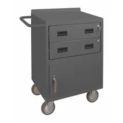 This mobile cabinet bench from DURHAM MFG is constructed of steel with a gray finish and is fully assembled. It features a side handle for mobility and an overall load capacity of 1200 lb. Suitable for use in workshops, warehouses, and maintenance areas where a mobile work surface with drawer storage is required.