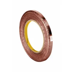 Copper foil tape with non-conductive adhesive, 6 yards long, 2.6 mil thick, rated for 600 V. Used for EMI/RFI shielding, grounding, and splicing in electrical applications.