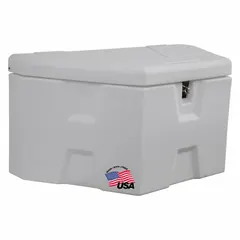 This A-frame trailer tongue box from BUYERS PRODUCTS is constructed of white polyethylene and features a hasp latch that is padlockable for secure storage. With an overall depth of 19 inches and height of 17 29/32 inches, it is designed to mount on the tongue of a trailer, providing enclosed storage for chains, couplers, and tools.