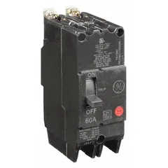 The GE TEY260 is a 60 A molded case circuit breaker from the TEY series, rated for 14kA at 277/480V AC. It features a fixed instantaneous trip and lug terminal connections, supporting any phase connection. This breaker is used for overcurrent protection in commercial and industrial electrical distribution panels, suitable for branch-circuit protection in lighting, motor, and general power applications.