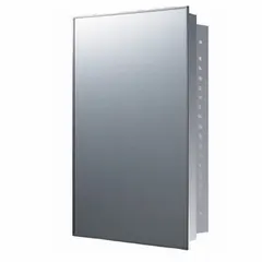 Rectangular mirrored medicine cabinet with stainless steel frame in bright annealed finish. Overall dimensions 24 in height by 18 in width. Suitable for bathroom or medical facility storage, resists corrosion in humid environments.