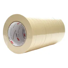 This general purpose masking tape features a crepe paper backing with a rubber adhesive, designed for indoor use on wood surfaces. The tape is 5.2 mil thick, 11/16 inches wide, and 60 yards long. It is commonly used for painting, staining, and finishing projects where clean paint lines and temporary holding are required.