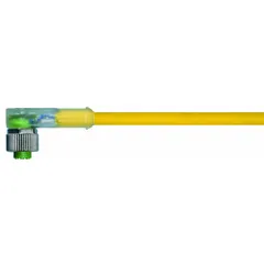 Single-ended cordset with M12 female right-angle connector and bare wire end, featuring 5 pins, 22 AWG wire, and a yellow PVC jacket. Rated IP67 with a maximum current of 4 A. Suitable for flexing applications in industrial automation, packaging, and material handling where space is limited.