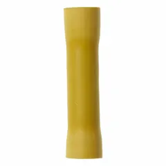 Vinyl-insulated butt splice connector for joining two wires end-to-end. Accepts wire sizes 12 AWG to 10 AWG, rated 600 V. Yellow color coding indicates wire range. Pack of 50. Suitable for electrical installations requiring secure, insulated connections.