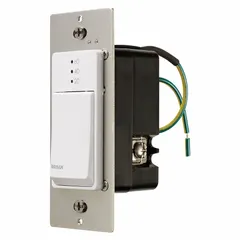 Push-button timer for bathroom exhaust fans, providing adjustable run times from 20 to 60 minutes. Operates on 120V AC. Compatible with models 656, ZB110ML1, QTXE110150DCS, ZB110H, QTXE110150DCSL, XB110HL1, and ZB110HL1. Faceplate not included.