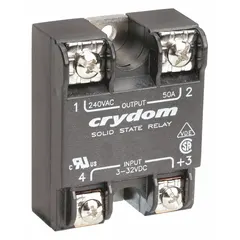 Panel-mounted solid-state relay with SCR output, Form A (SPST-NO) configuration. Switches AC loads from 24 to 280 V AC, rated for 50 A maximum output current. Requires 12 mA input current and uses screw clamp terminals. Not finger-safe; operation without a heat sink is not recommended.
