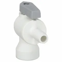 This Parker manual two-way ball valve features a one-piece polypropylene angle body with barb x FNPT end connections. The lever handle provides straightforward on/off or flow diversion control. Suitable for use in industrial piping systems handling corrosive fluids, water treatment, and chemical processing applications.