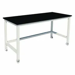 Fixed-height lab table with a 24-inch width, 36-inch height, and 4-foot length. Features a Petal White phenolic countertop on a steel frame with vibration-isolating casters. Suitable for laboratory, testing, and assembly environments requiring a stable work surface.