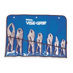 Set of seven curved-jaw locking pliers with max jaw openings of 2 in, 1-1/2 in, 5/8 in, 7/16 in, 1-1/8 in, 1-7/8 in, and 3-1/8 in. Curved jaws provide secure clamping on round or irregular surfaces. Suitable for gripping, clamping, and holding in metalworking, fabrication, and maintenance tasks. Includes a storage bag.