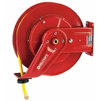 Spring-return hose reel for air or water applications. Steel construction with red finish. Accepts up to 50 ft of 1/2 in I.D. hose. Rated to 300 psi maximum operating pressure. Equipped with 1/2 in FNPT inlet and outlet connections and steel swivel