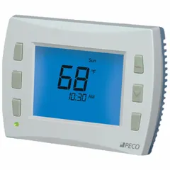 Digital thermostat for fan coil units in heat and cool applications. Push-button control with system settings of Auto-Cool-Heat-Off and fan settings of Auto-Off. Supports 2 or 4 pipe systems, operates on 24 or 110 to 277V AC, with a temperature range of 50° to 90° F. Provides 2 Heat/1 Cool stages.