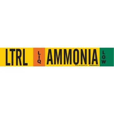 BRADY Pipe Marker: LTRL, LIQ, Low, Fits 8 in and Larger Pipe O.D., 1 Pipe Markers - Ammonia Fiberglass Carrier Mounted with Strapping Pipe Markers